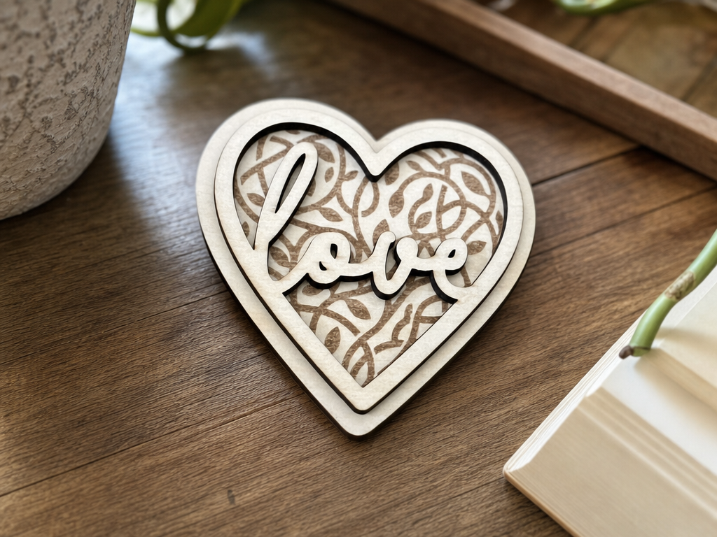 Layered Heart Sign with Love Script and Vine Pattern