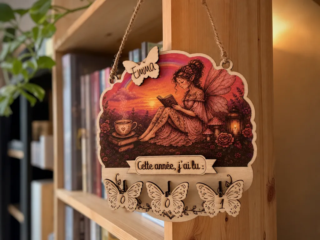 Plaque murale personnalisée pour suivi de lecture avec motif fée et papillons