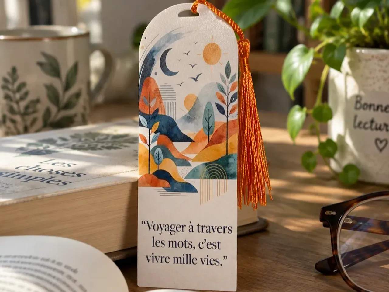 [UV printing] Marque-page illustré avec citation littéraire et pompon orange