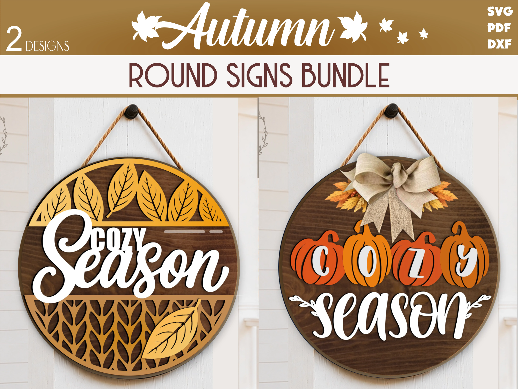 Cozy Season Door Hanger SVG Bundle, Fall Leaves Door Sign SVG, Pumpkin Welcome Sign, Laser Cut File for Glowforge, CNC, Xtool