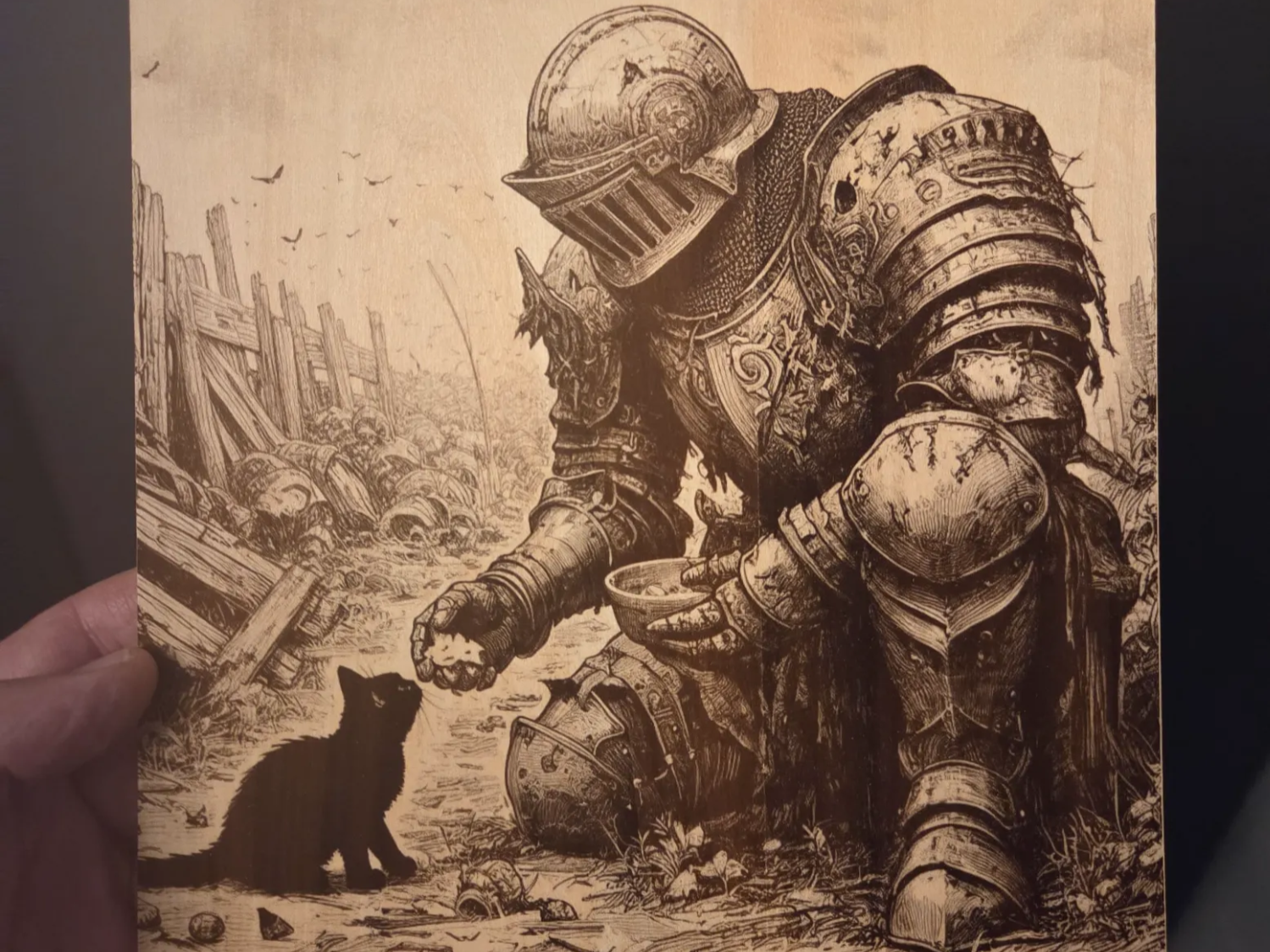 Knight in Armor Feeding a Small Cat Wall Art