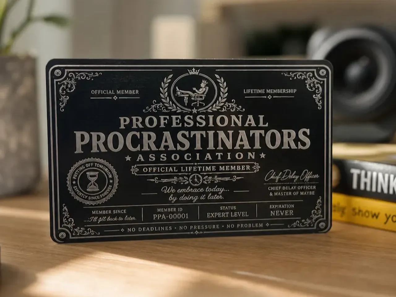 [Laser cut and engrave] Professional Procrastinators Association Lifetime Membership Desk Sign