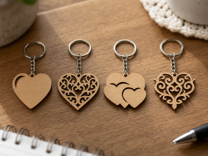 Set of Four Heart Shaped Wooden Keychains