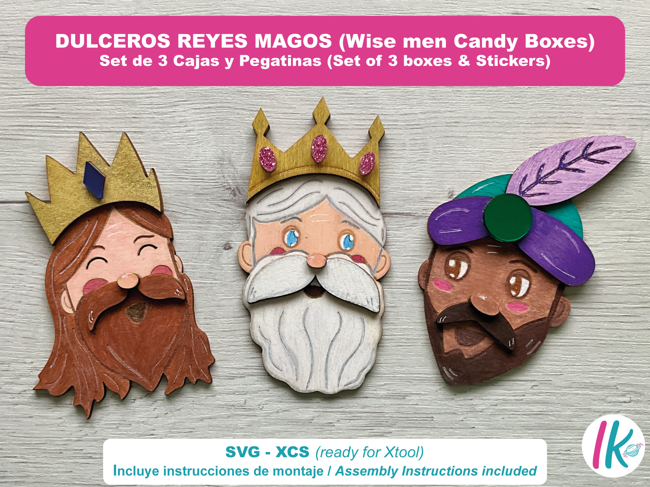 [Laser cut and engrave] Dulceros Reyes Magos SVG-XCS para corte láser. Incluye los 3 Reyes Magos, dulcero y pegatinas de la estrella Navideña Png.