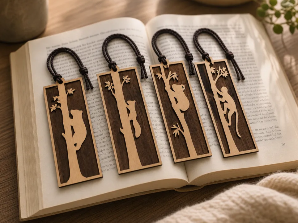 Set of Four Wooden Animal Themed Bookmarks with Tassels