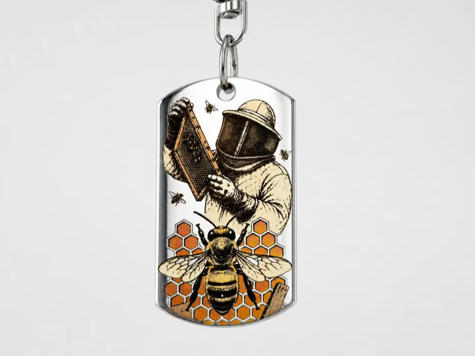 Beekeeper and Honeycomb Illustration Dog Tag Keychain