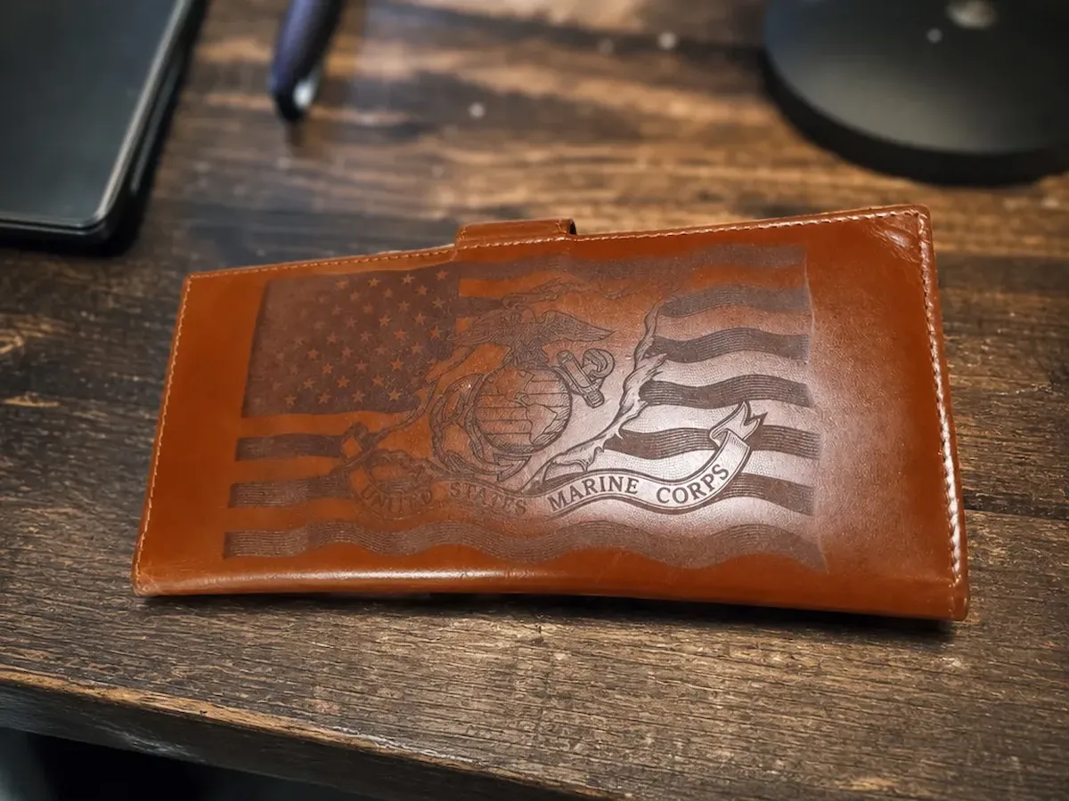 [Laser cut and engrave] Brown Leather Wallet Featuring United States Marine Corps Emblem and American Flag