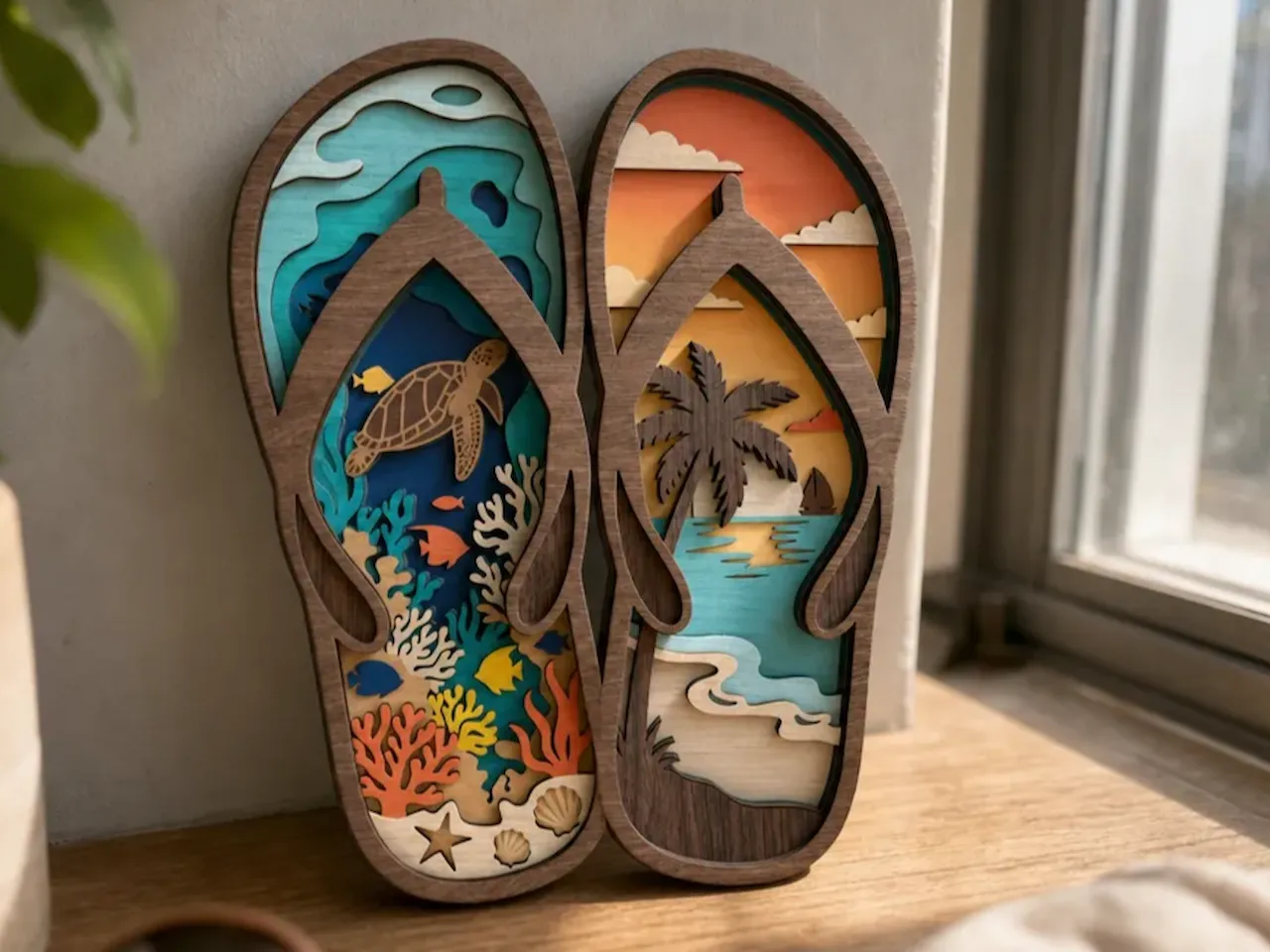 [Laser cut and engrave] Layered Wooden Flip Flop Wall Art with Tropical Ocean and Beach Scenes