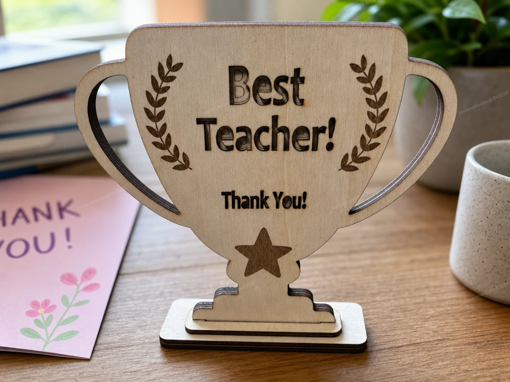 2 Layered Best Teacher Trophy Award with Laurel Wreath and Star
