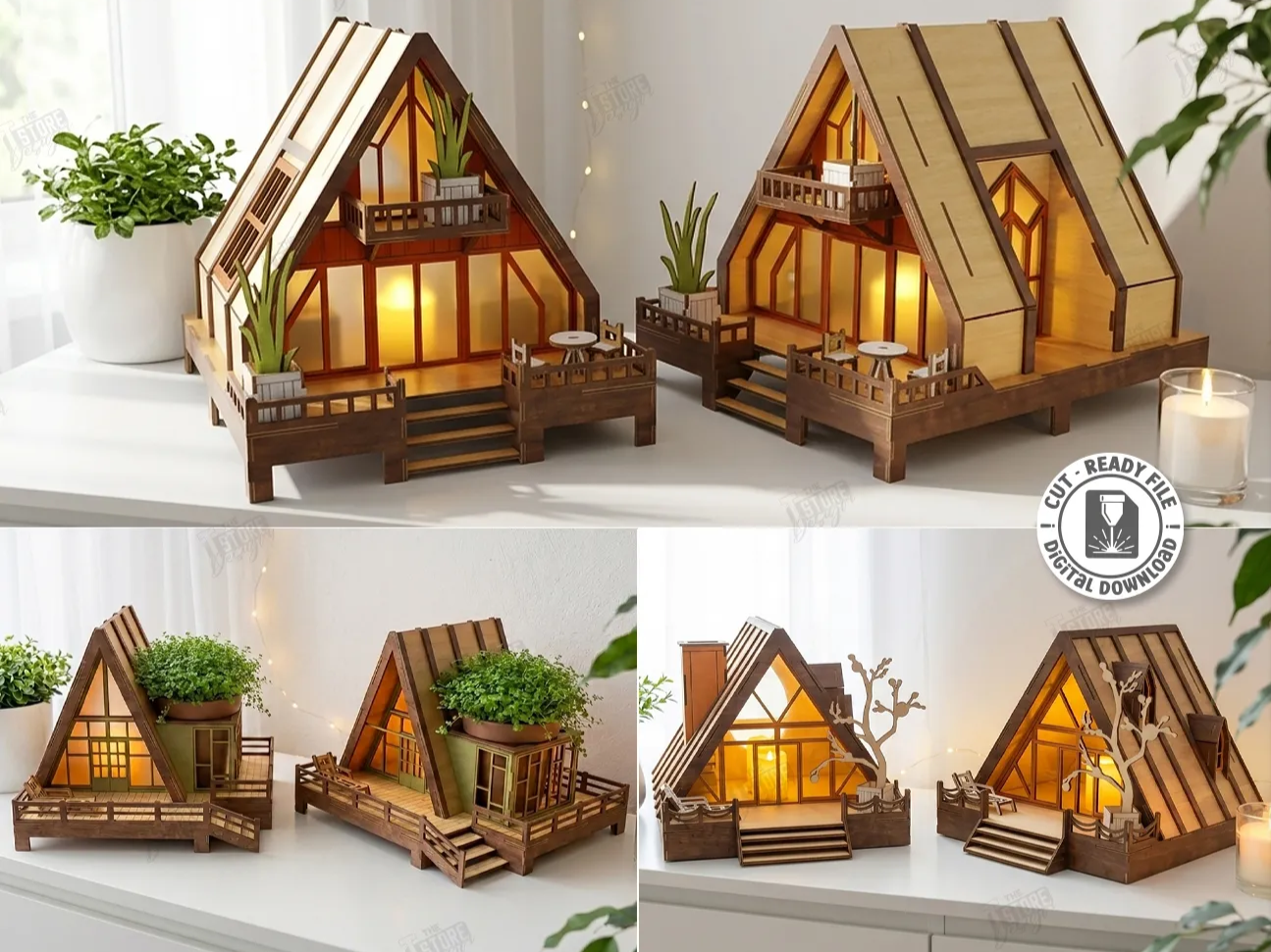 Miniature A-Frame Cabin Model with Balcony and Planter Night Light Laser Cut Bundle. Home Decor