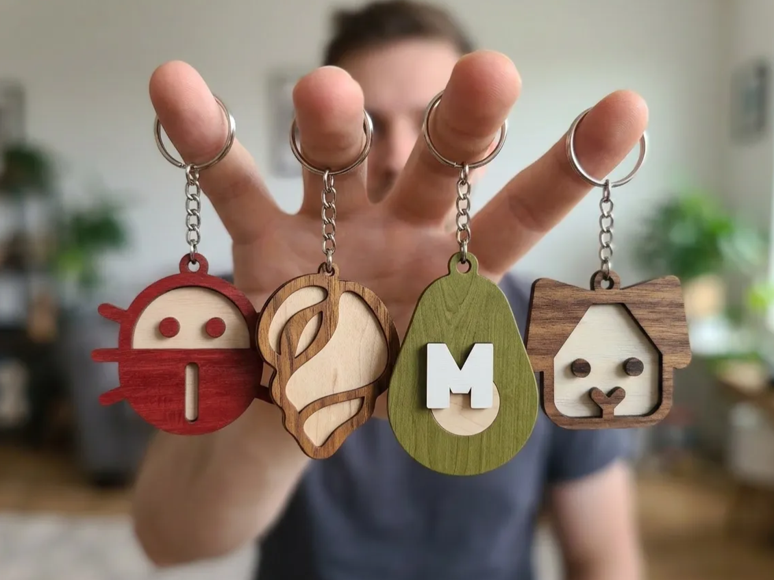 Set of colorful wooden layered keychains