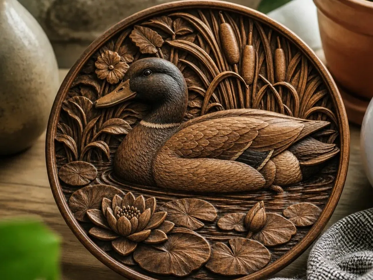[Laser cut and engrave] Circular Wall Plaque Featuring a Mallard Duck in a Pond with Water Lilies