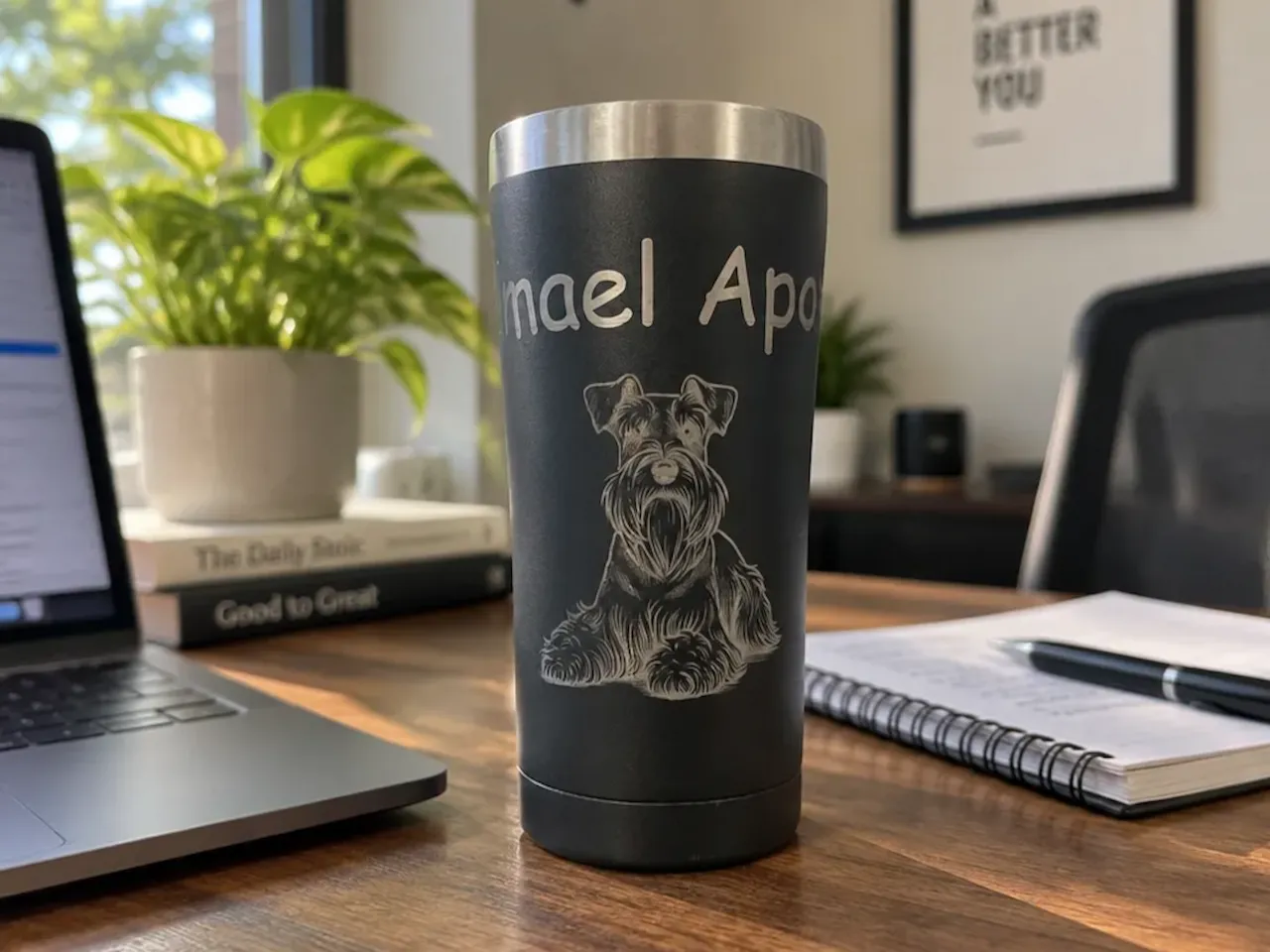 [Laser cut and engrave] Vaso térmico negro con ilustración de perro schnauzer
