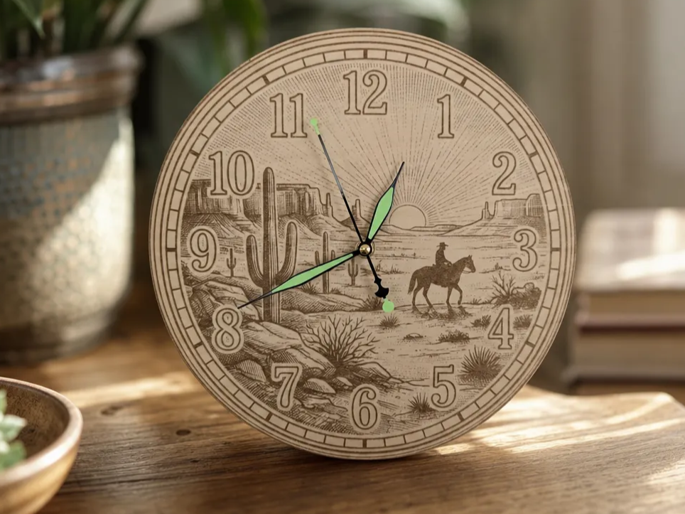 Horloge murale ronde avec paysage de désert et cavalier