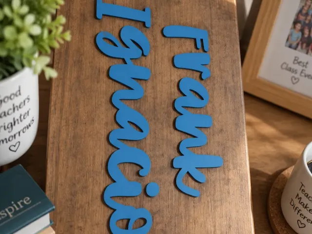 Letrero de madera con nombres personalizados en letras azules