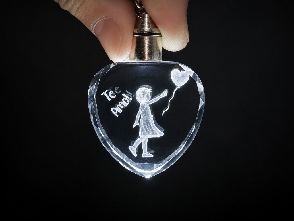 Heart-Shaped Crystal Keychain with Girl and Balloon Illustration