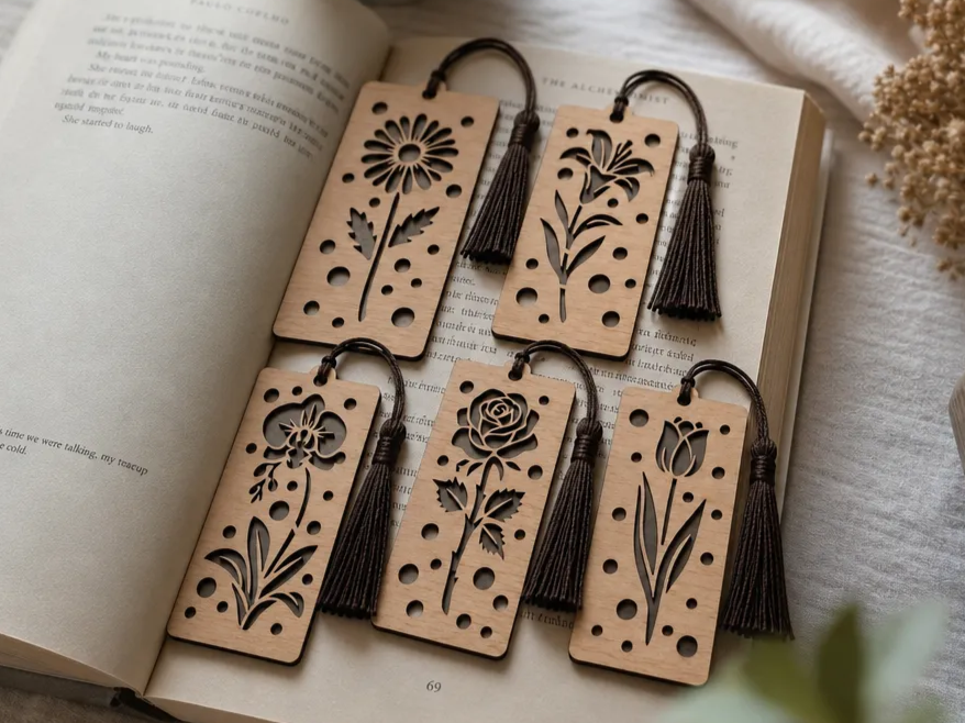 Floral Pattern Wooden Bookmarks with Tassels