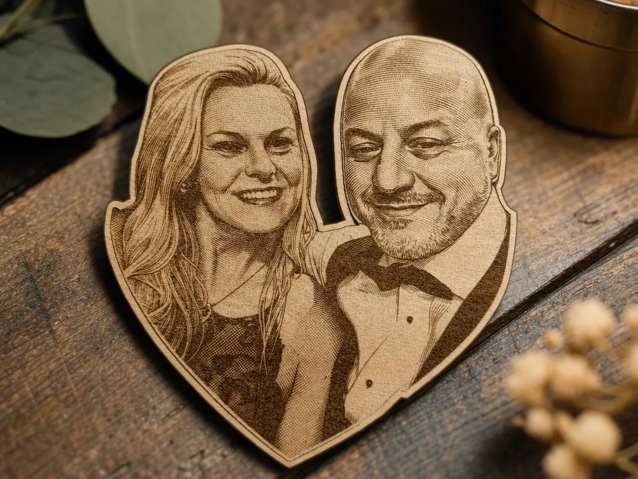 [Laser cut and engrave] Heart-Shaped Wooden Portrait of a Couple