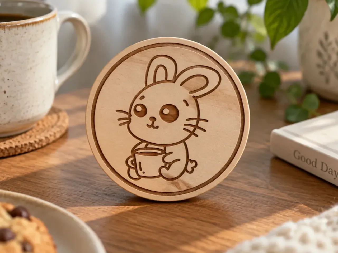 [Laser cut and engrave] Round Wooden Coaster Featuring a Cute Bunny Holding a Coffee Mug