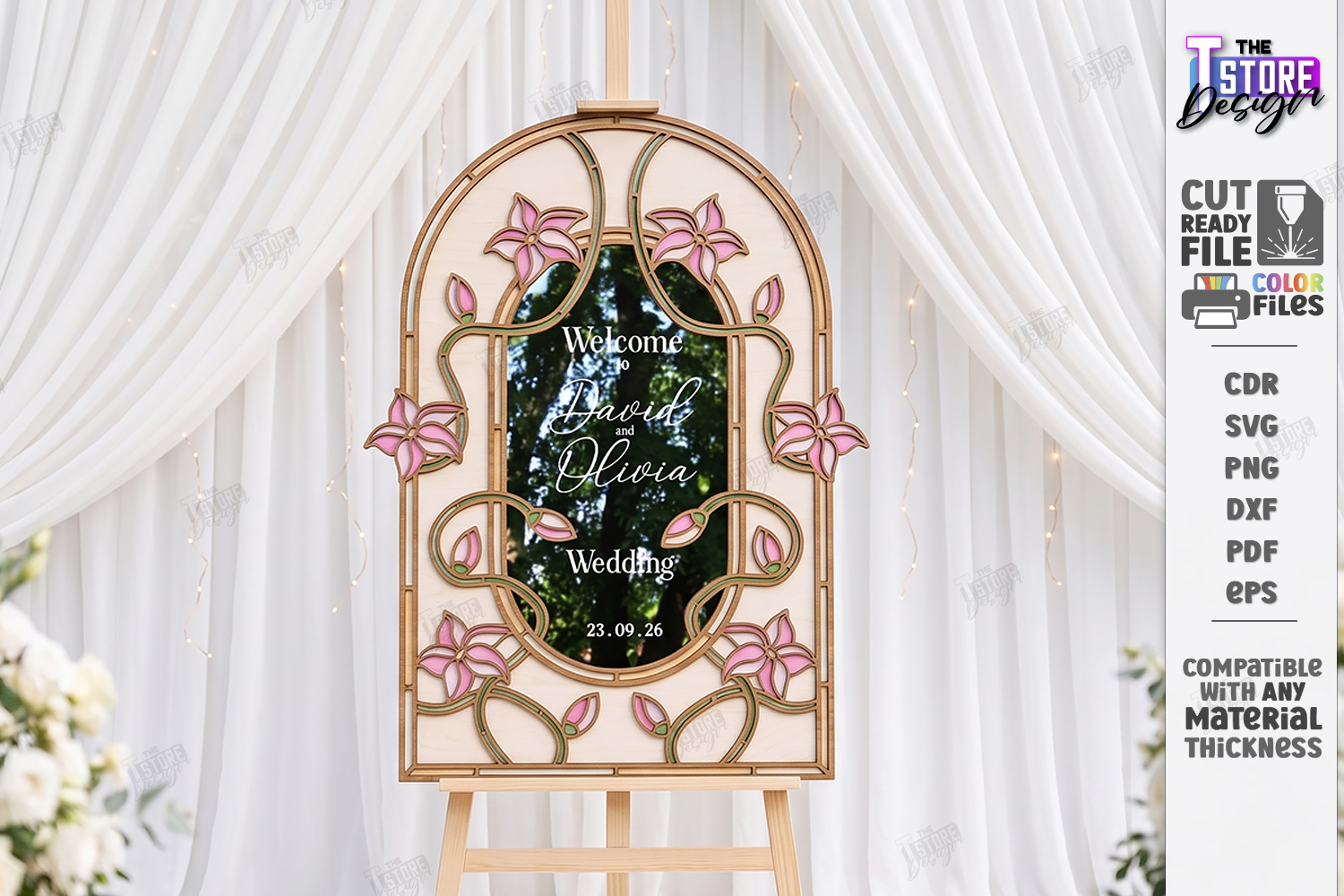 [Laser cut and engrave] Arched Floral Wedding Welcome Sign with Stained Glass Style Frame laser Cut Bundle. Floral Design. Weding Day