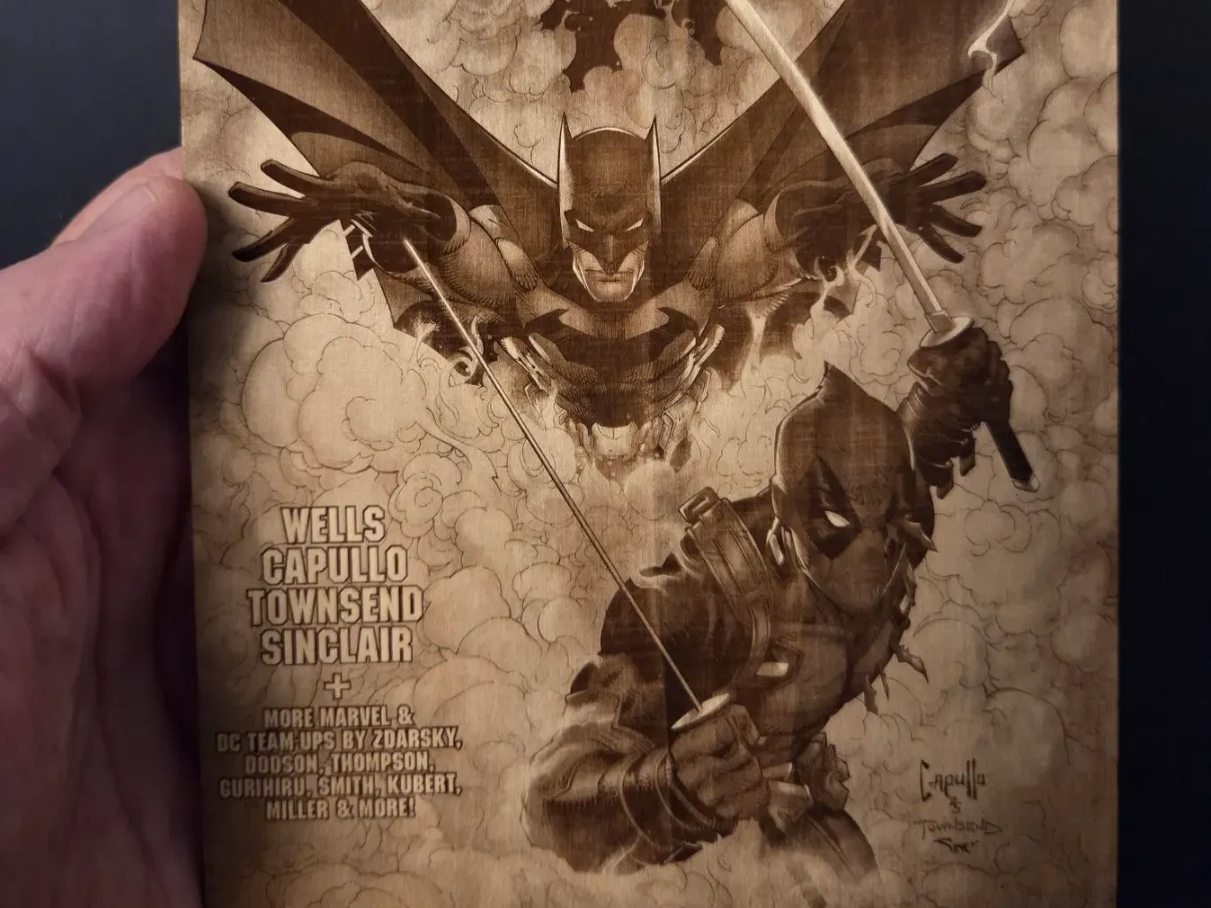 Batman and Deadpool Comic Book Cover Art on Wood