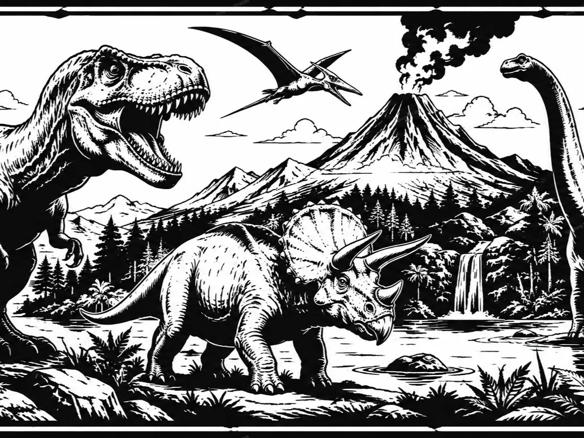 Epic Dinosaur Scene | 2-Tone Black & White Wrap Design for Laser Engraving