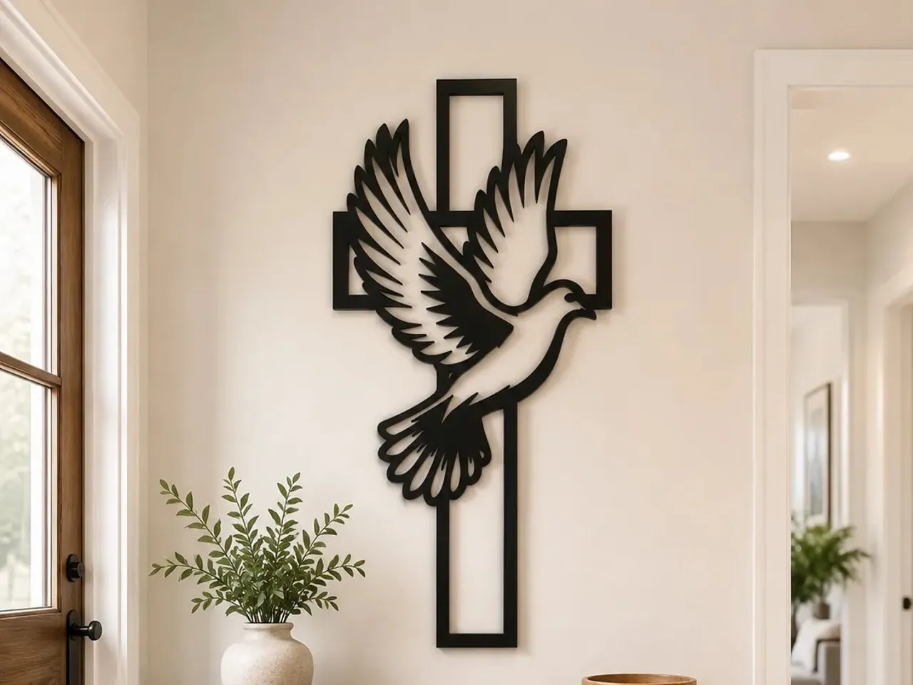 [Laser cut and engrave] Black Metal Wall Cross with Flying Dove Silhouette