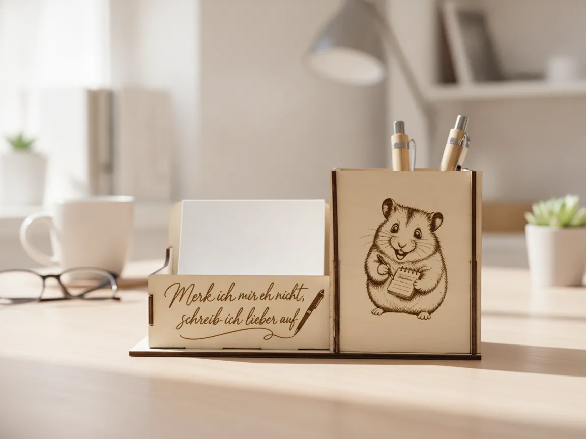 Schreibtisch-Organizer mit Hamster-Motiv und Spruch Merk ich mir eh nicht