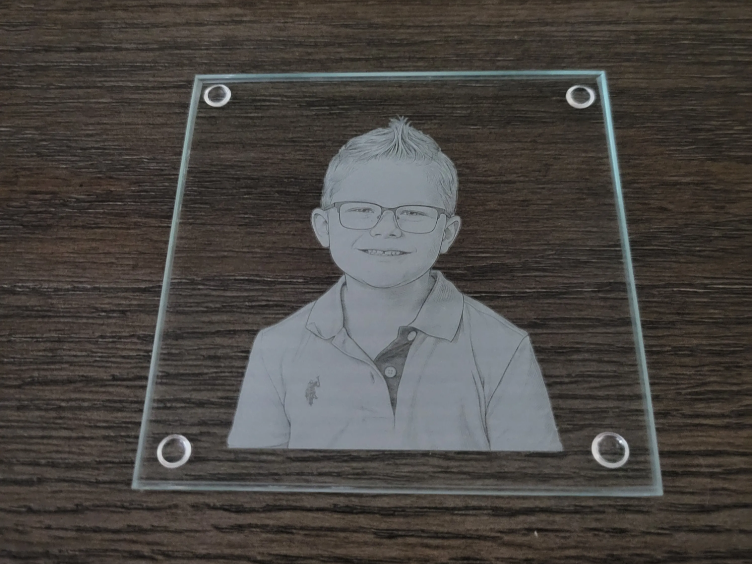 Square Glass Portrait Plaque Featuring a Young Boy with Glasses
