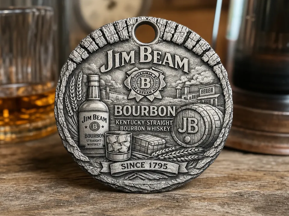Jim Beam Bourbon Whiskey Round Metal Keychain Keyring