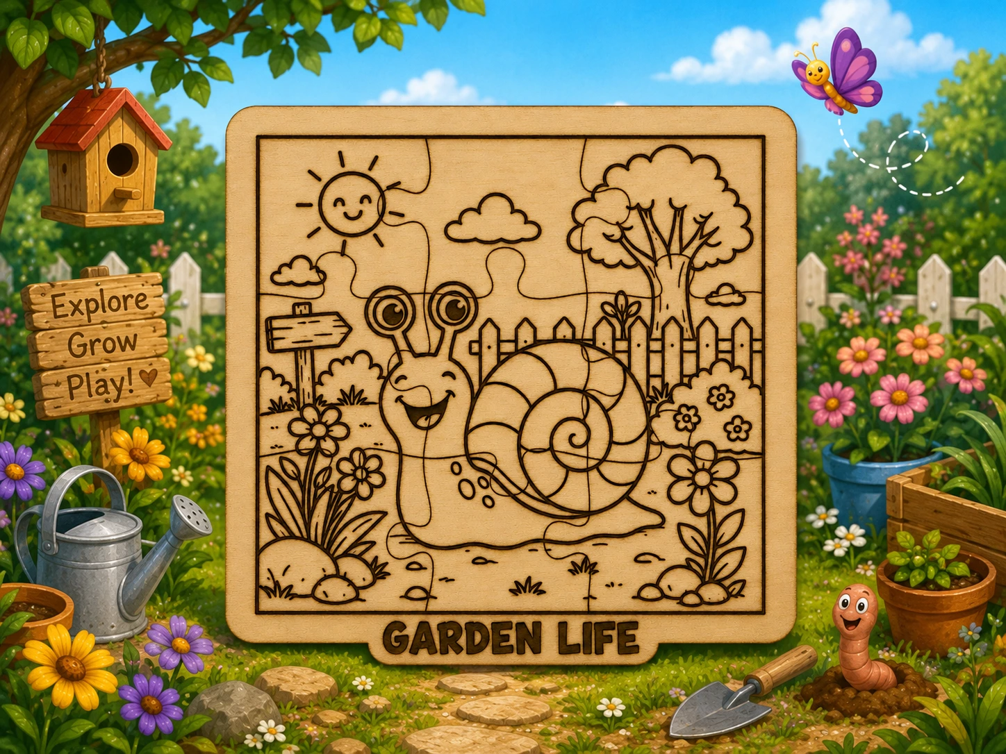 Happy Garden Snail Puzzle SVG XCS | Garden Life Wooden Laser Cut Puzzle | Educational Coloring Activity | DIY Kids Craft File