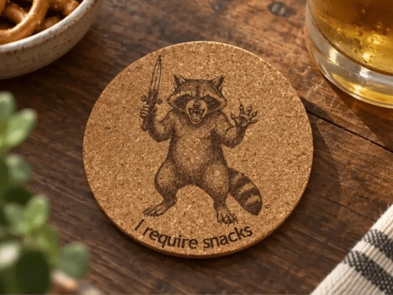 [Laser cut and engrave] Cork Coaster Featuring a Raccoon Holding a Dagger with I Require Snacks Text