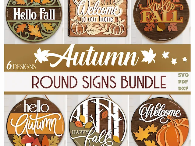 Autumn Round Sign Bundle SVG, Fall Door Hanger, Farmhouse Laser Cut File, Fall Front Door Decor, Glowforge SVG File, CNC File, Cricut File