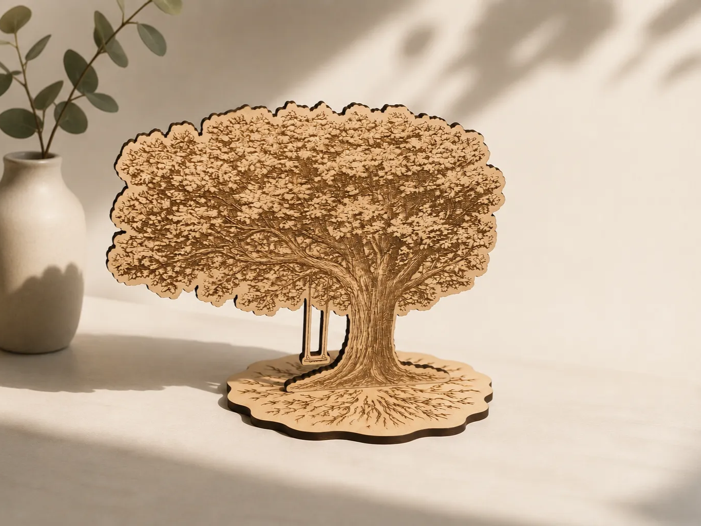 Wandbild aus Holz mit Baum und Schaukel Motiv