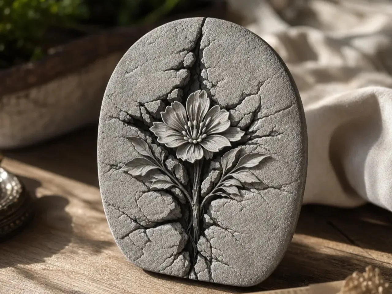 [Laser cut and engrave] Oval Stone Plaque Featuring a Relief Carved Flower Motif