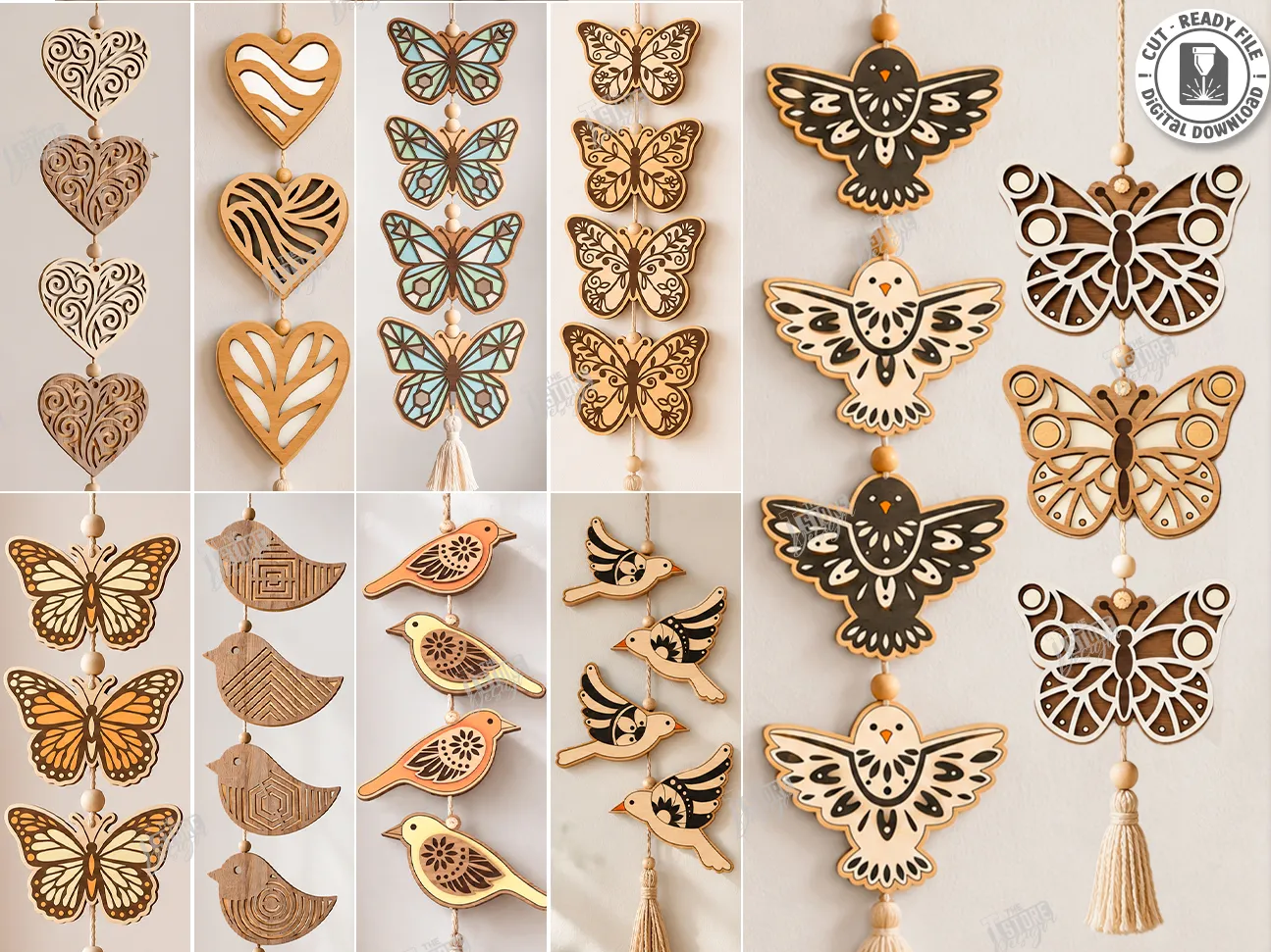 Hanging Wall Decor Featuring Butterflies, Birds, and Hearts laser Cut Bundle. Wall Decor. Home Decor. Wall Hanging Ornaments