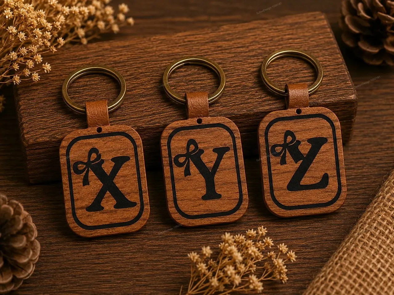 [Laser cut and engrave] Wooden Initial Keychain with Bow Detail