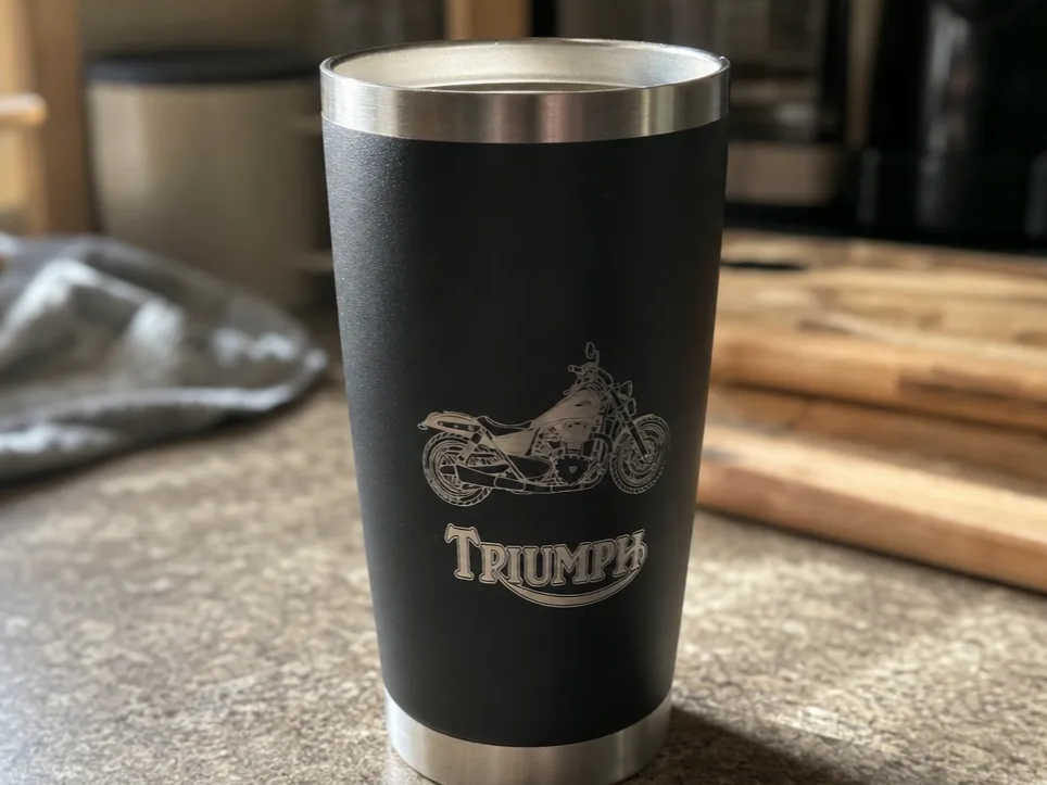 Schwarzer Thermosbecher (Tumbler) mit Triumph Motorrad Motiv