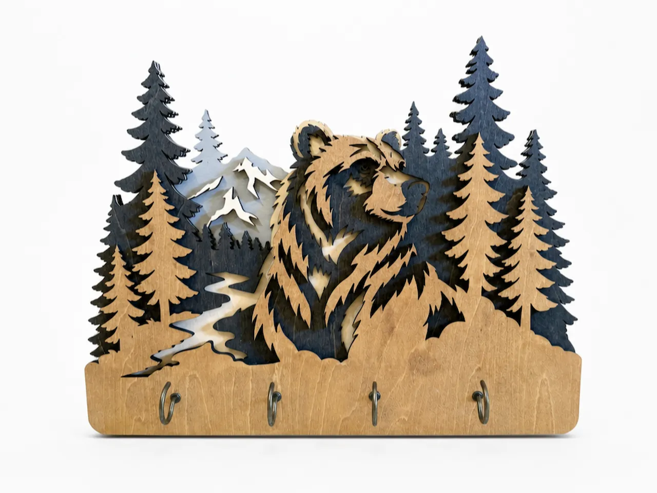 [Laser cut and engrave] Bear and Mountain Forest Wall Mounted Key Holder