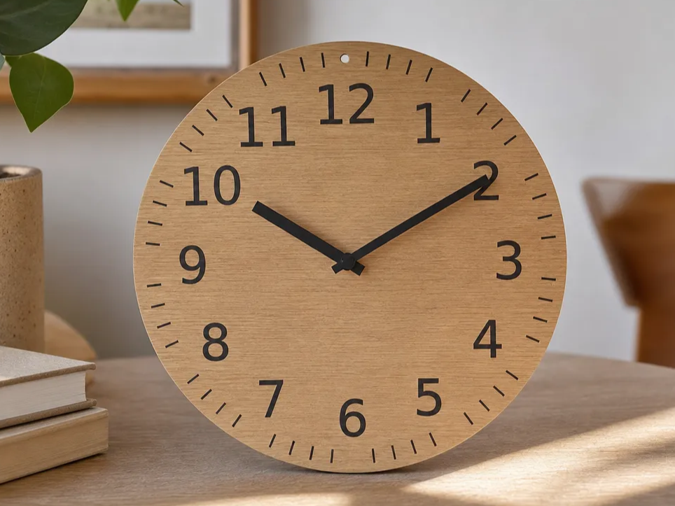 Minimalist round wooden wall clock with black numerals