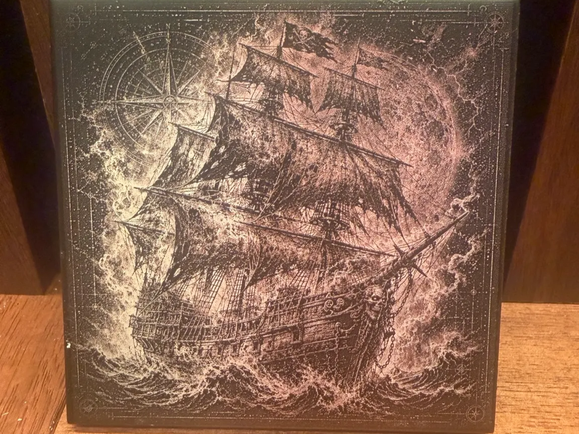 Ghost Ship Pirate Painted White Tile with Compass and Moon Illustration