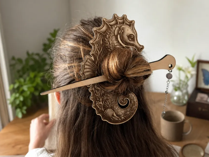 Hippocampe Half-Up Hair Holder | Wooden Hair Stick | Laser Cut File | Hair Accessory