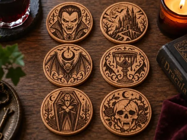 Set of 6 Halloween Vampire Themed Cork Coasters Illustrations - Series 2