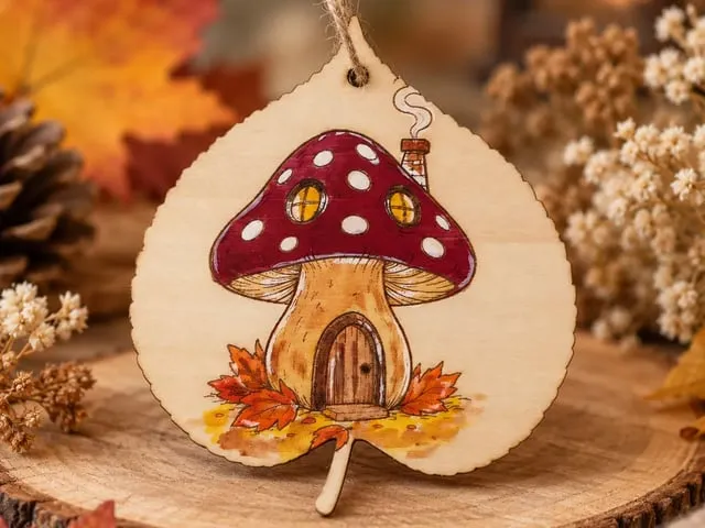 Ornement en bois en forme de feuille avec maison champignon illustrée