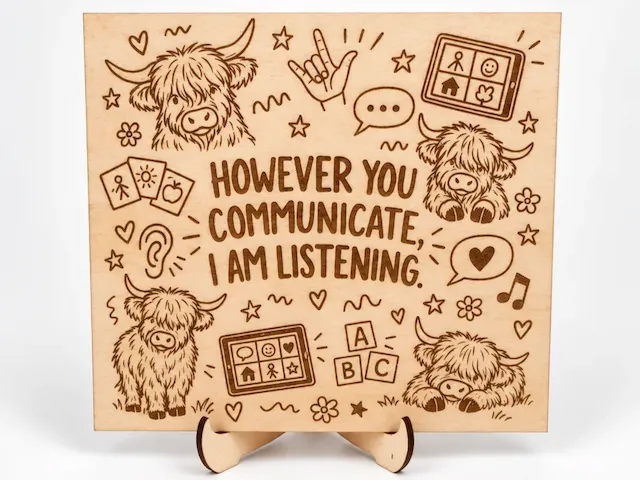 However You Communicate I Am Listening Wooden Sign with Highland Cow Illustrations