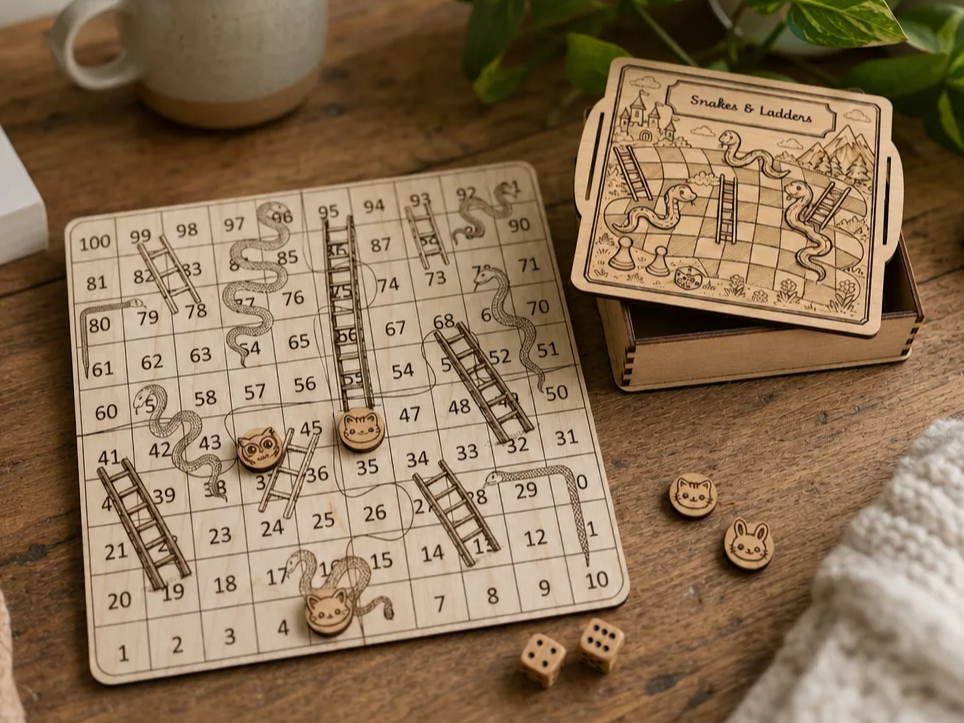Jeu de société serpents et échelles en bois avec pions animaux boite et inclus (version FR et EN) - version non commerciale
