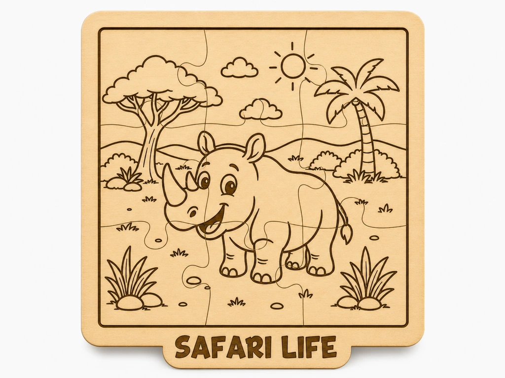 Friendly Rhino Wooden Puzzle | Safari Animal Laser Cut File | Kids Coloring Puzzle | DIY Learning Activity | Handmade Gift Design