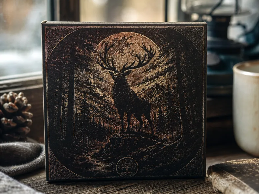 Square Painted Tile Featuring a Majestic Stag in a Forest Moonlight Scene