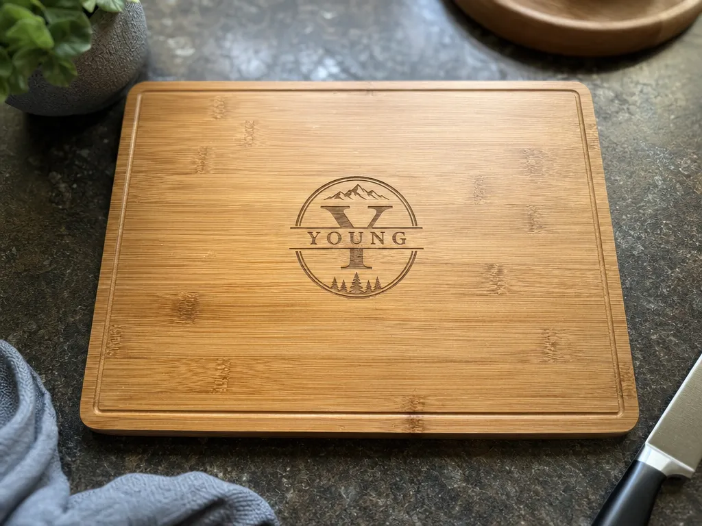Personalized Bamboo Cutting Board with Mountain and Forest Monogram
