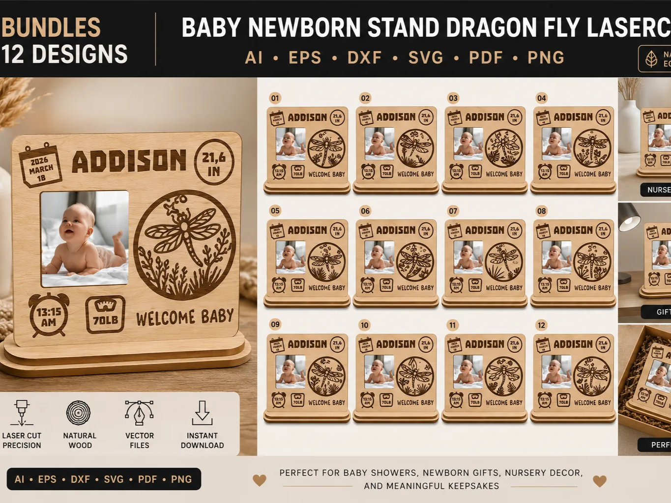 Baby Newborn Stand Dragon Fly Lasercut 12 Designs